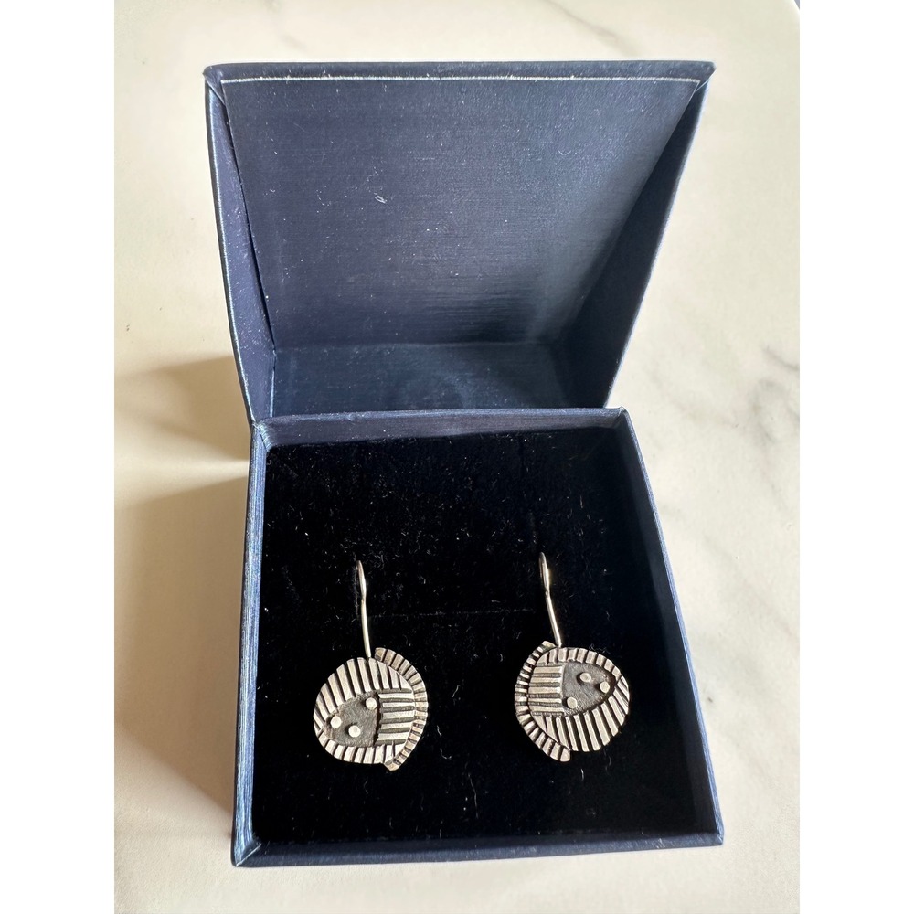 Artisan Brutalist Sterling Silver 925 Geometric Textured Drop Earrings Hook